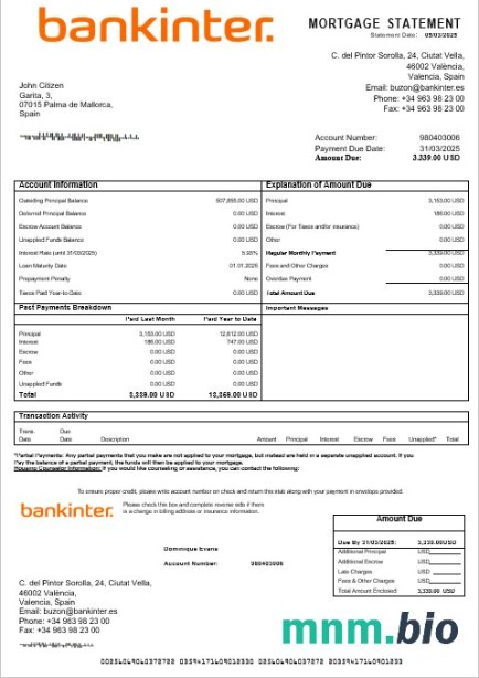 Hiszpania Bankinter Bank wyciąg z kredytu hipotecznego w formatach Word i PDF